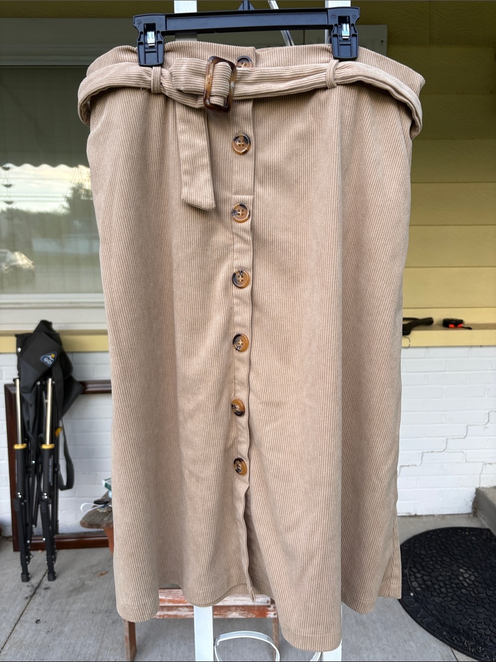 Allegra K Beige Corduroy Button-Front Midi Skirt with Belt